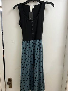 Black Ribbed Tank Maxi with Teal Polka-Dot Skirt